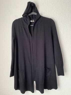 Pointelle Black Hooded Open-Front Sweater Cardigan With Pockets Size SP